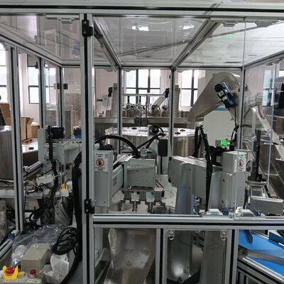 Non-standard automated disc-top cap assembly machine with hoist feeding for enhanced efficiency